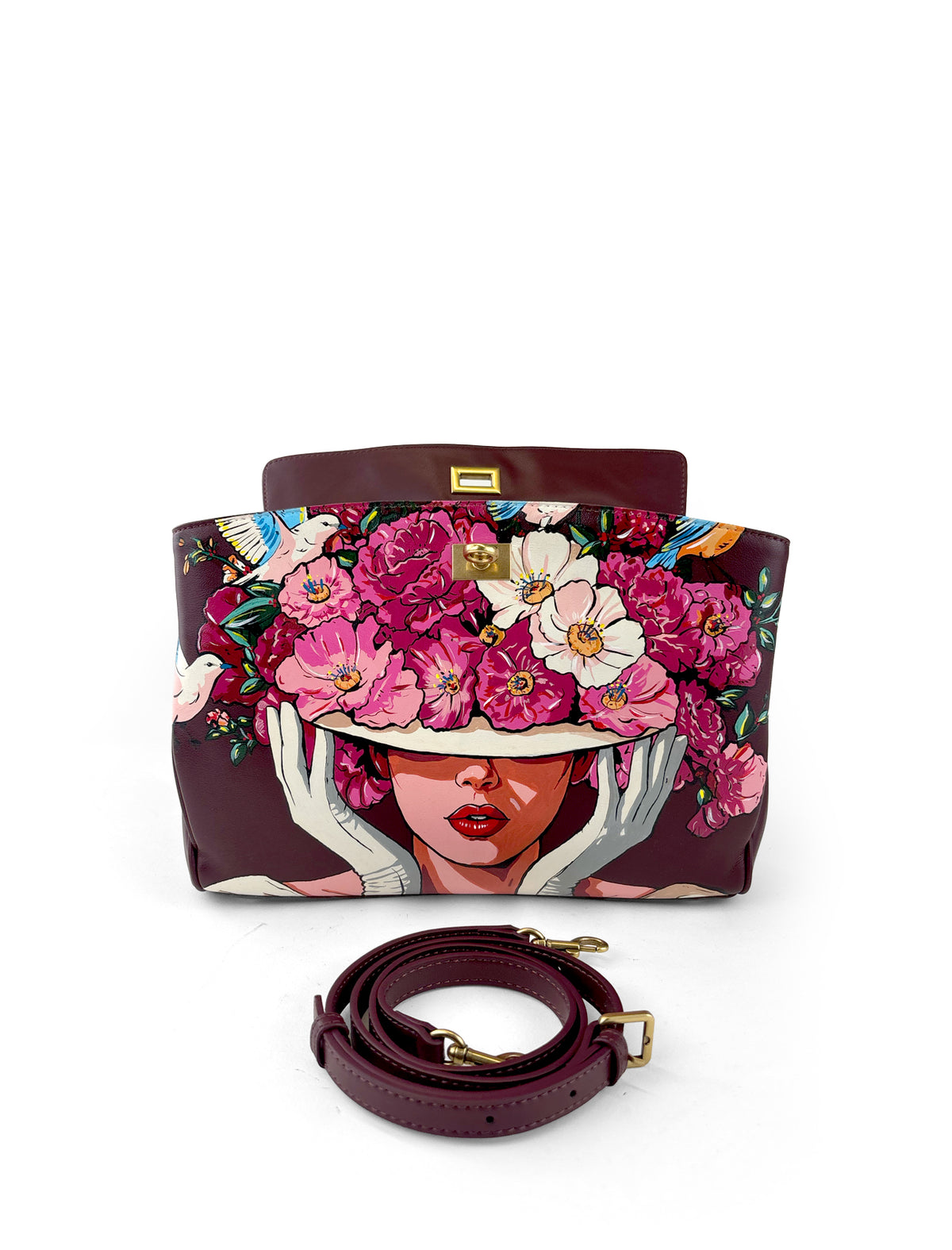 Henriette Hand-Painted Leather Shoulder Bag – Flower Hat (W&B)