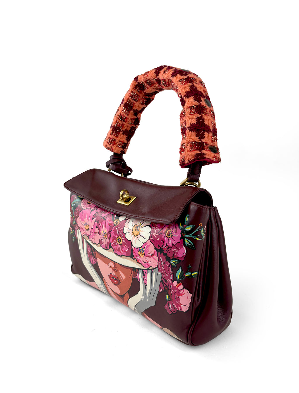 Henriette Hand-Painted Leather Shoulder Bag – Flower Hat (W&B)