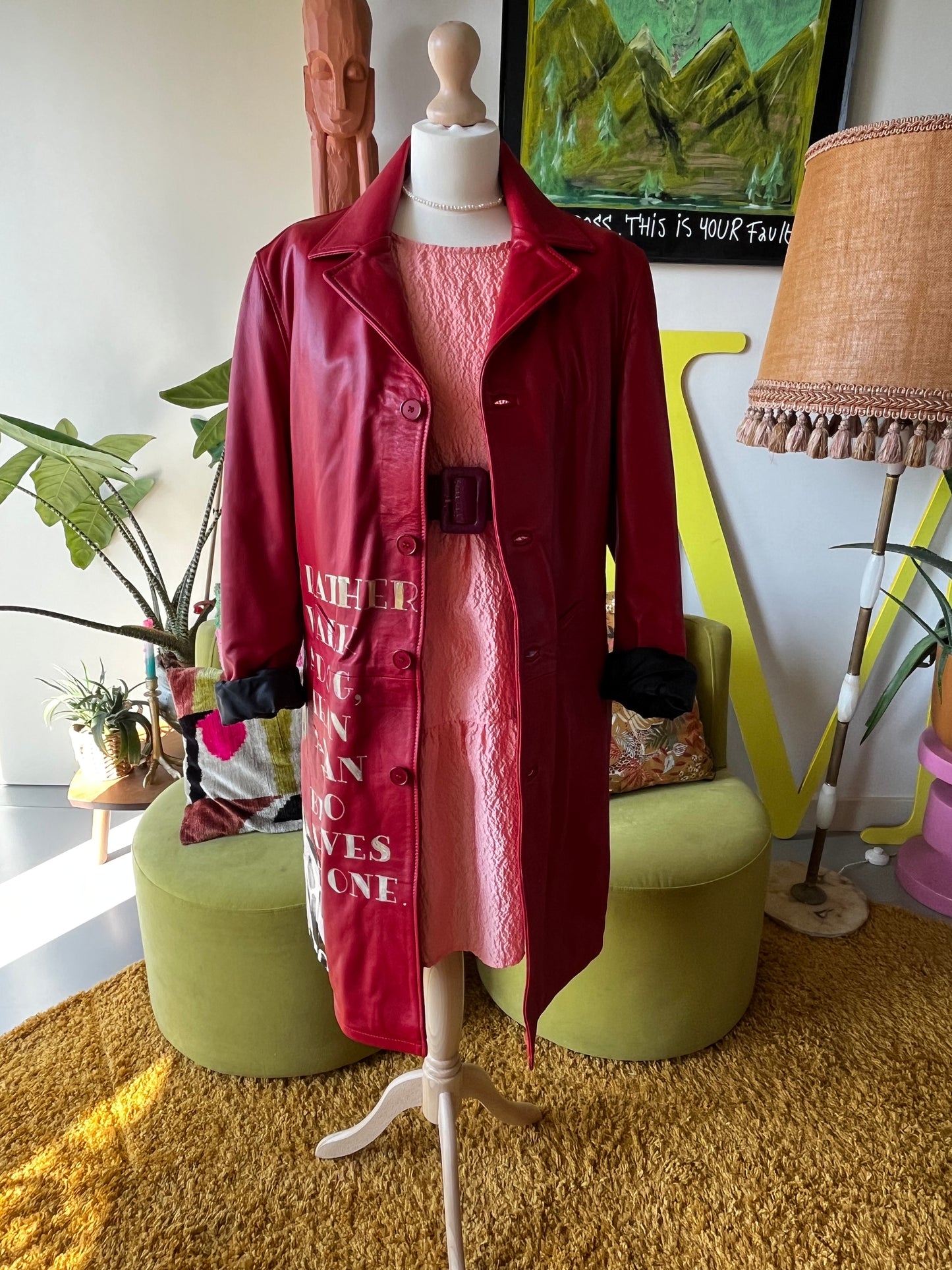 RED LONG LEATHER TRENCH COAT - DALMATIAN