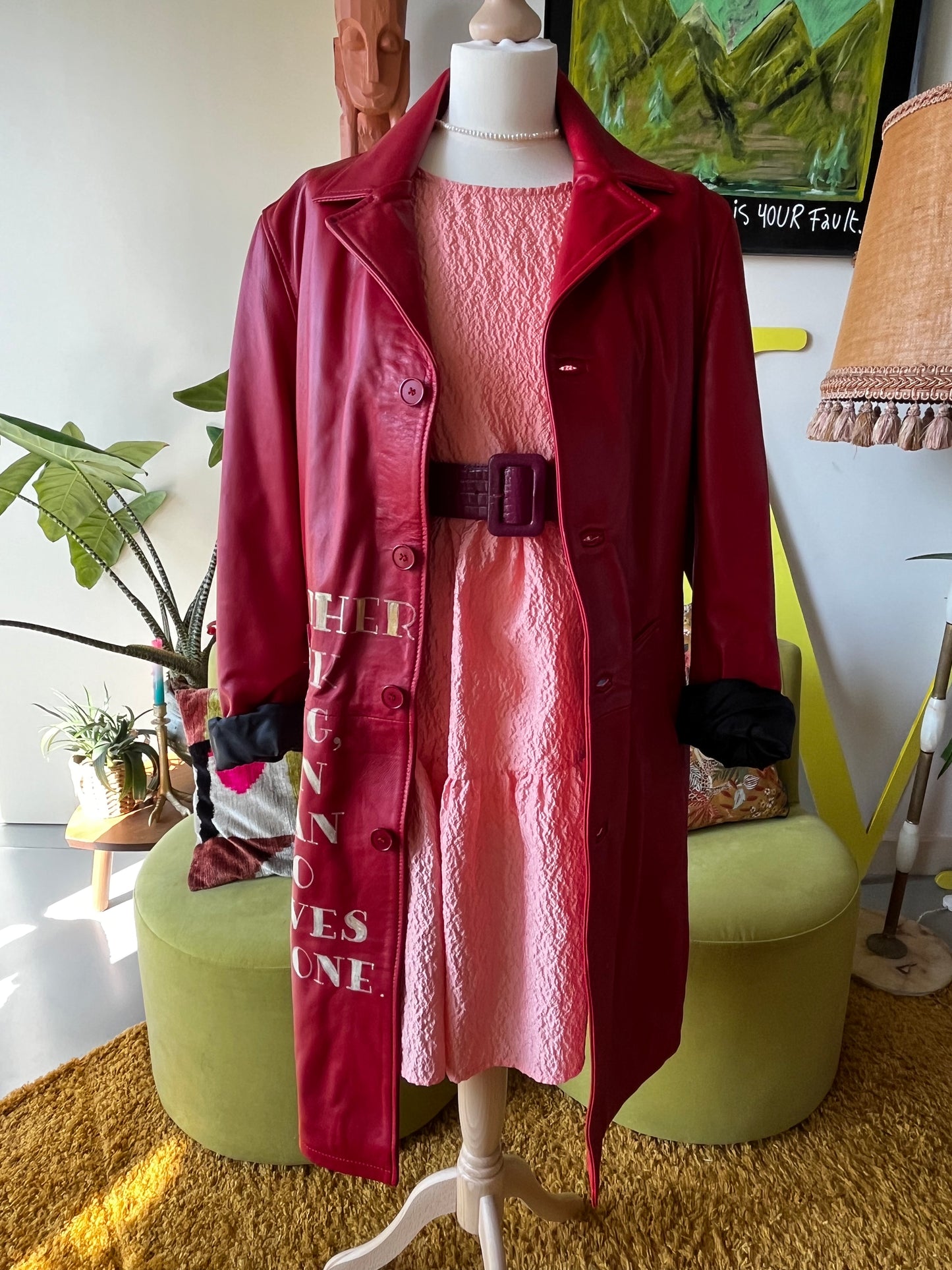 RED LONG LEATHER TRENCH COAT - DALMATIAN