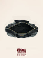 Zwarte leren luxe handtas in luxe Italiaans leer met goudkleurige afwerking, handige toegang met ritssluiting, bovenzicht en binnenzijde.