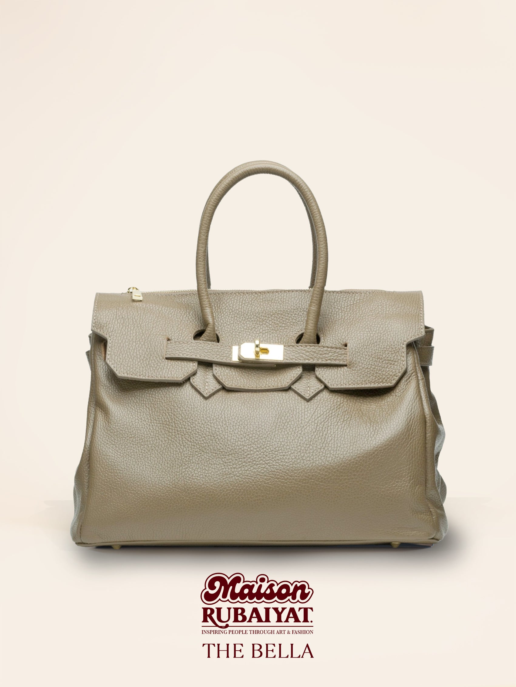 Beige leren luxe handtas in luxe Italiaans leer met goudkleurige afwerking, handige toegang met ritssluiting, vooraanzicht.