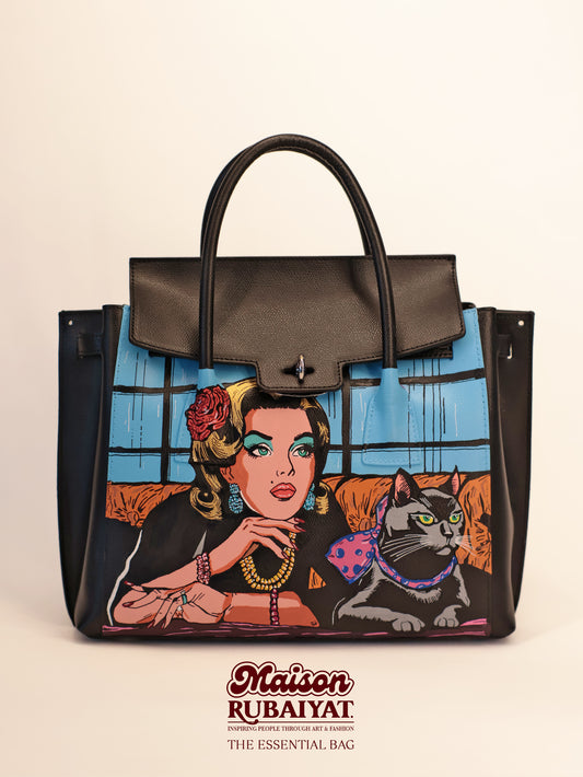 Rubaiyat Original: Handgeschilderde Handtas 'The Essential Bag' - Cat Lady