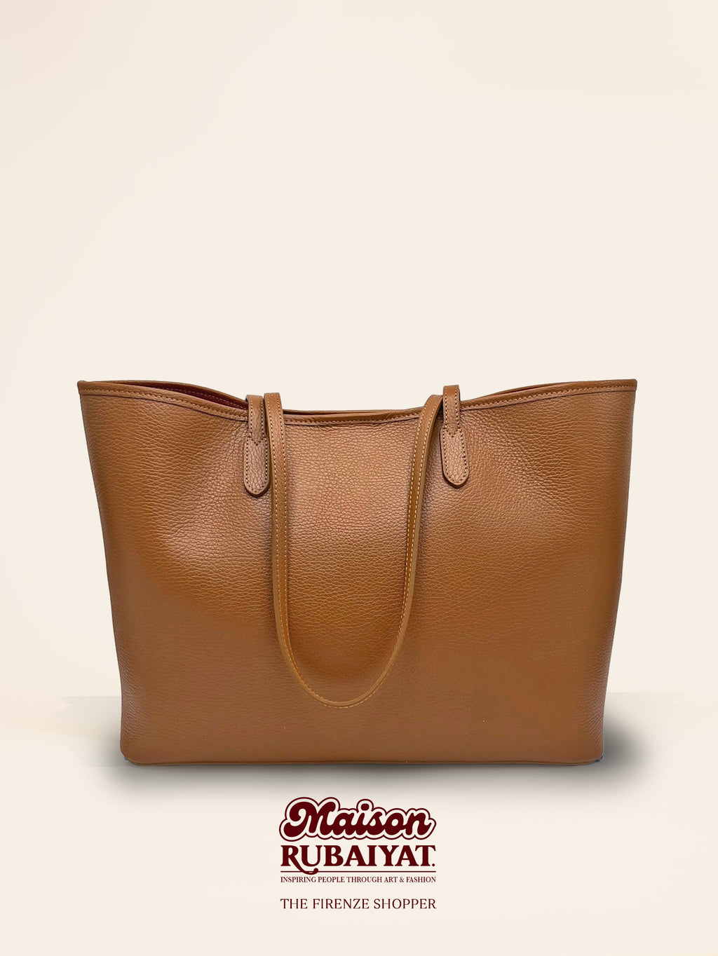 Camel leren handtas in luxe Italiaans leer met stijlvol en elegant design, lange leren hand-en schouderriemen, vooraanzicht.